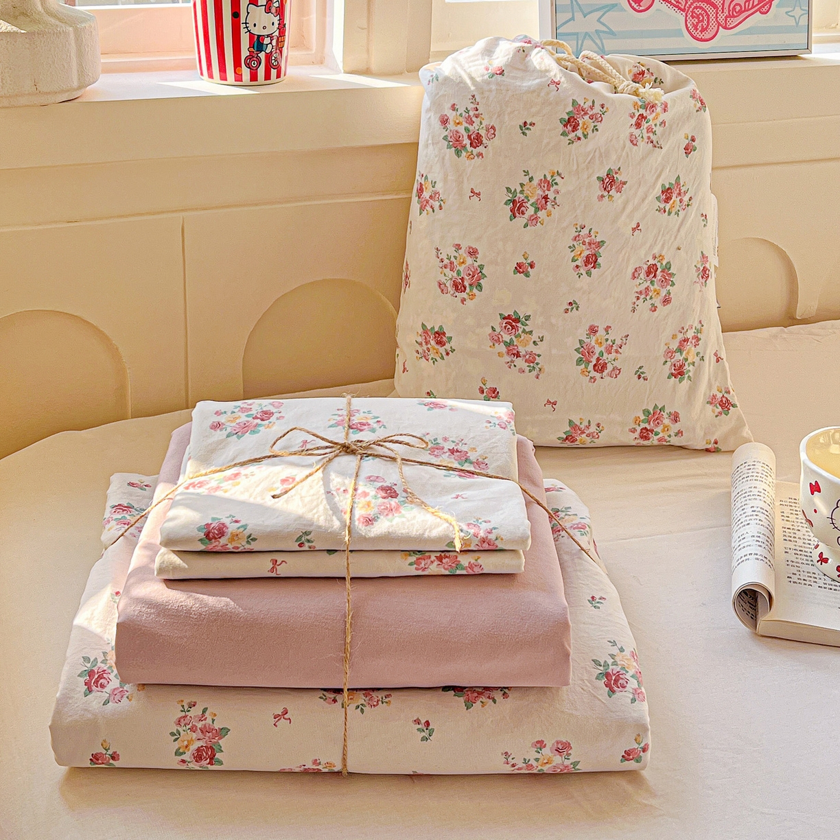 91家纺网 家纺一手货源 找家纺 （总）弗苓家纺 2026新款古法水洗仿棉云感纱四件套小布袋