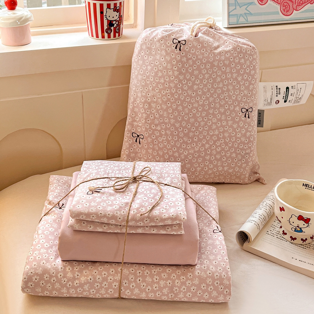 91家纺网 家纺一手货源 找家纺 （总）弗苓家纺 2026新款古法水洗仿棉云感纱四件套小布袋