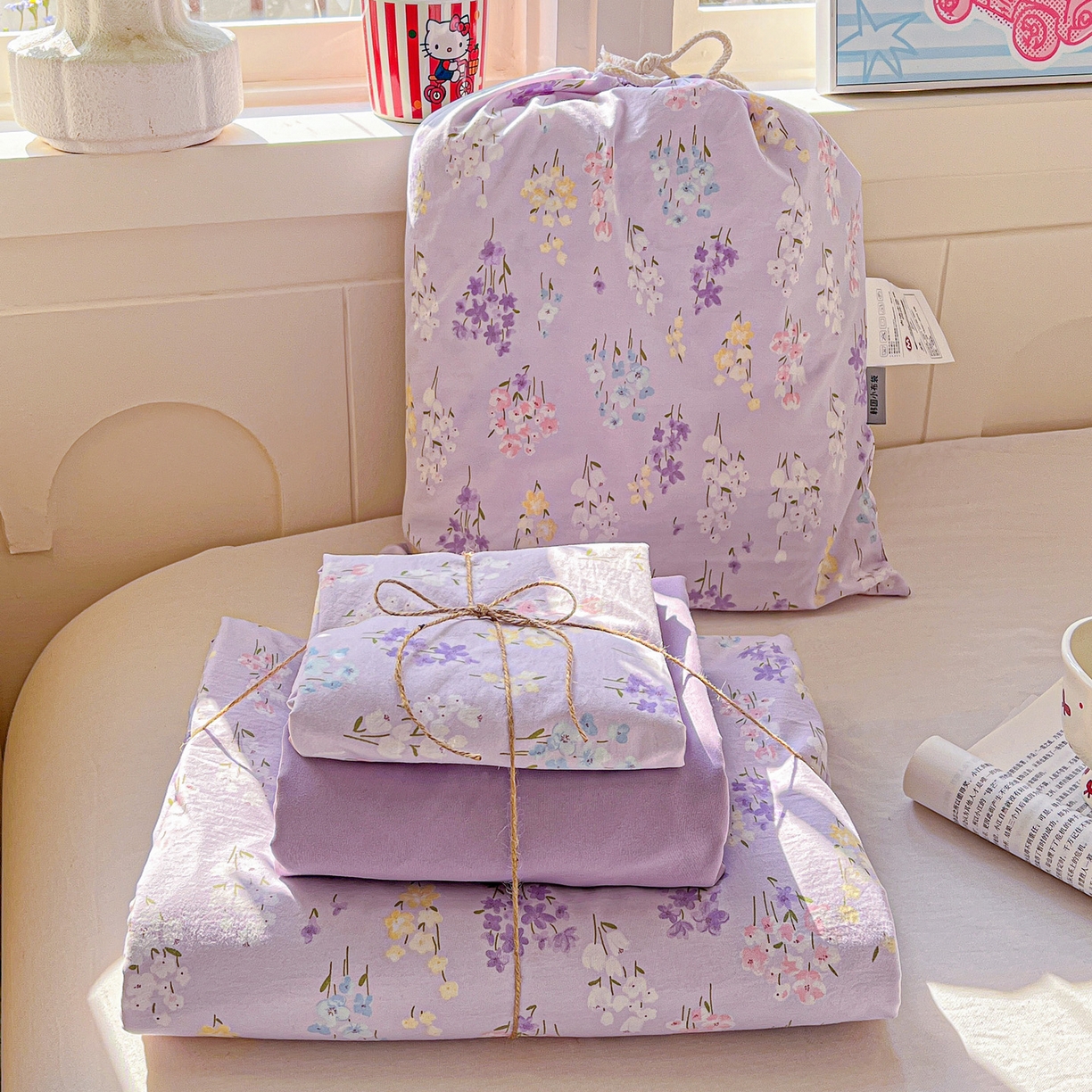 91家纺网 家纺一手货源 找家纺 （总）弗苓家纺 2026新款古法水洗仿棉云感纱四件套小布袋