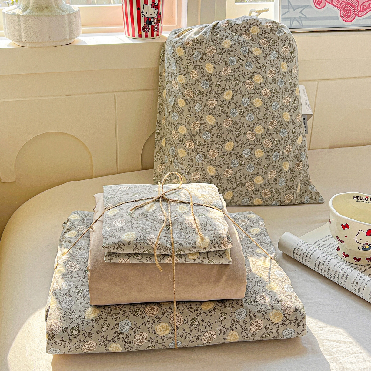 91家纺网 家纺一手货源 找家纺 （总）弗苓家纺 2026新款古法水洗仿棉云感纱四件套小布袋