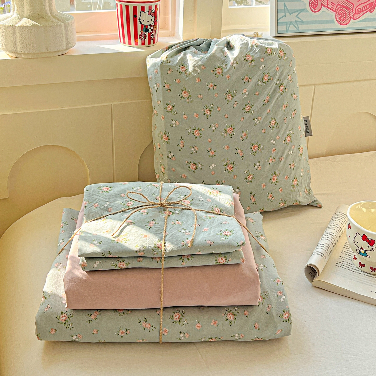 91家纺网 家纺一手货源 找家纺 （总）弗苓家纺 2026新款古法水洗仿棉云感纱四件套小布袋