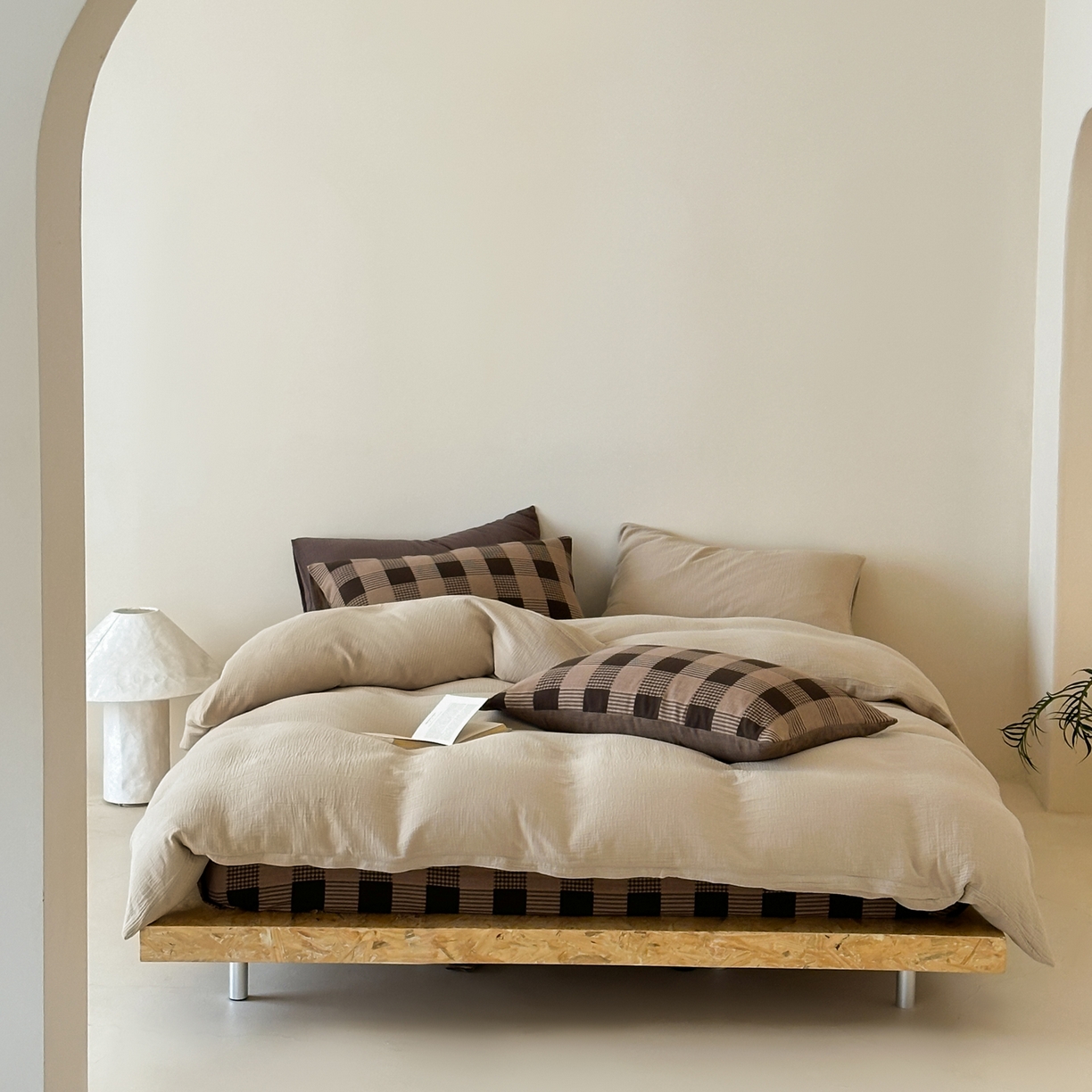 山舍家居 2026新款全棉色织双层皱皱纱色织格子皱纱纯色混搭系列四件套 素澜