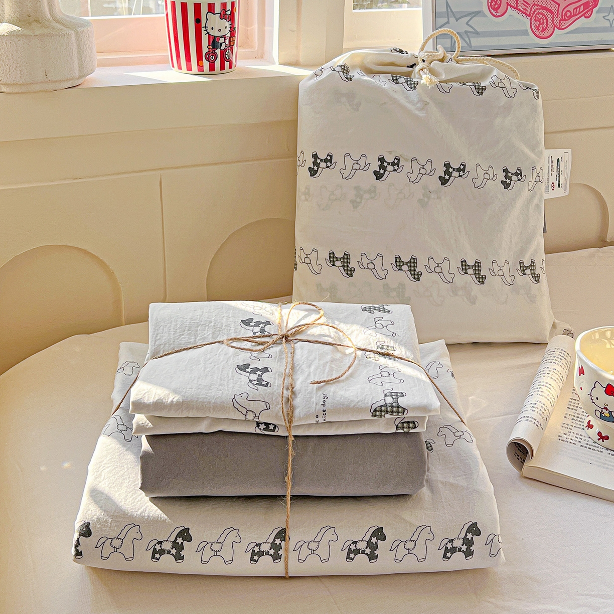 91家纺网 家纺一手货源 找家纺 （总）弗苓家纺 2026新款古法水洗仿棉云感纱四件套小布袋