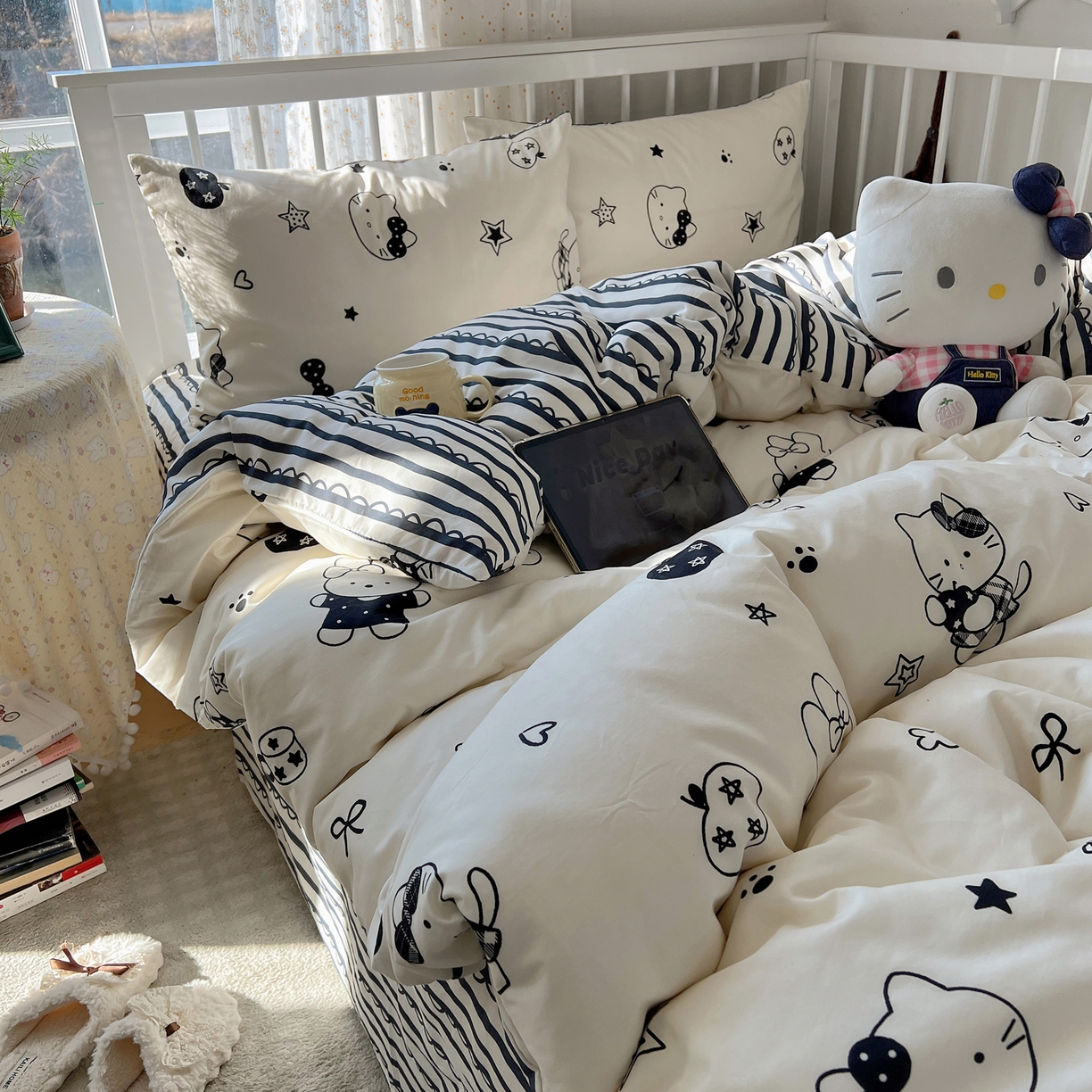 91家纺网 家纺一手货源 找家纺 桃喜 2026新款全棉40支12868四件套-小猫系列 黑白小猫