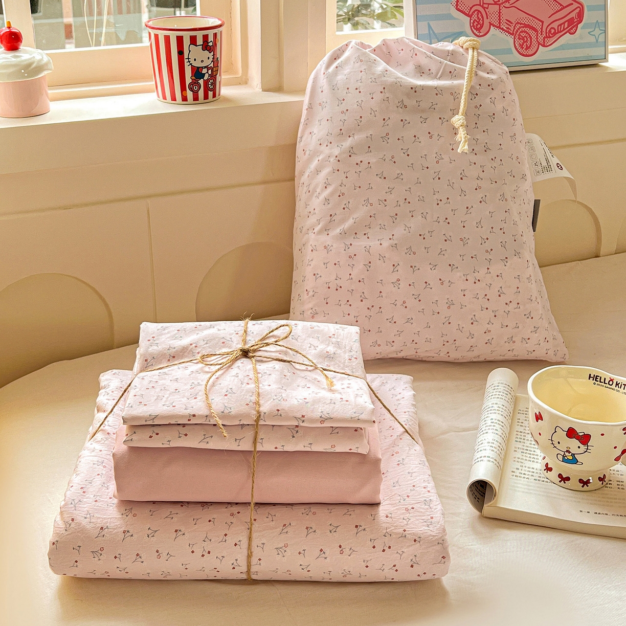 91家纺网 家纺一手货源 找家纺 （总）弗苓家纺 2026新款古法水洗仿棉云感纱四件套小布袋