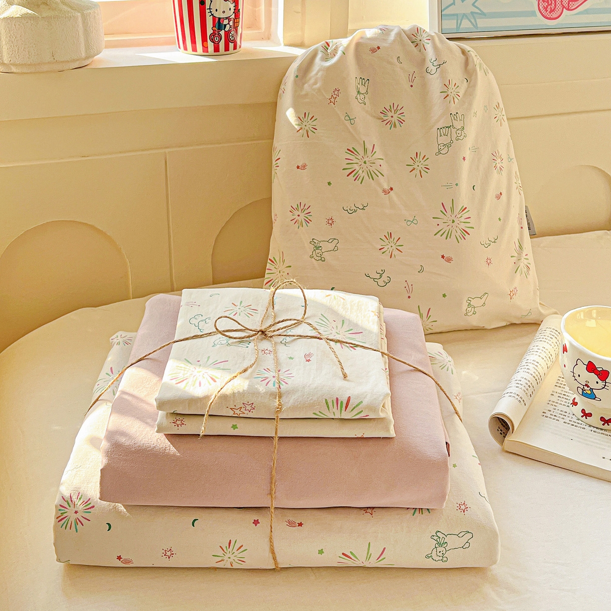 91家纺网 家纺一手货源 找家纺 （总）弗苓家纺 2026新款古法水洗仿棉云感纱四件套小布袋