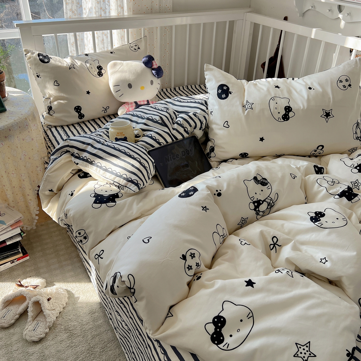91家纺网 家纺一手货源 找家纺 桃喜 2026新款全棉40支12868四件套-小猫系列 黑白小猫