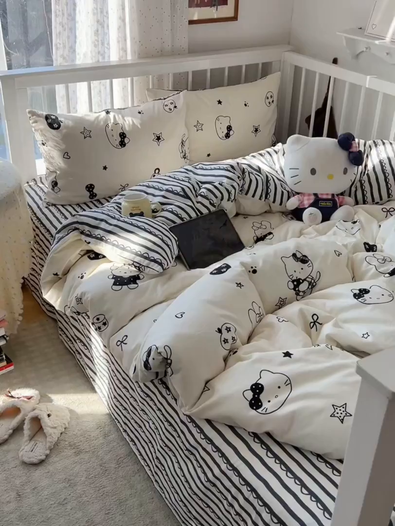 91家纺网 家纺一手货源 找家纺 桃喜 2026新款全棉40支12868四件套-小猫系列 黑白小猫