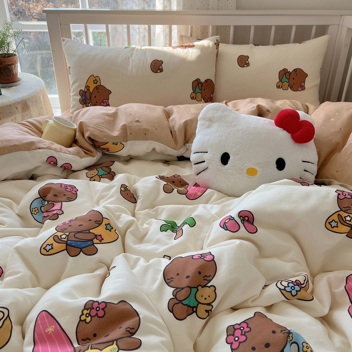 91家纺网 家纺一手货源 找家纺 桃喜 2026新款全棉40支12868四件套-小猫系列 沙滩小猫