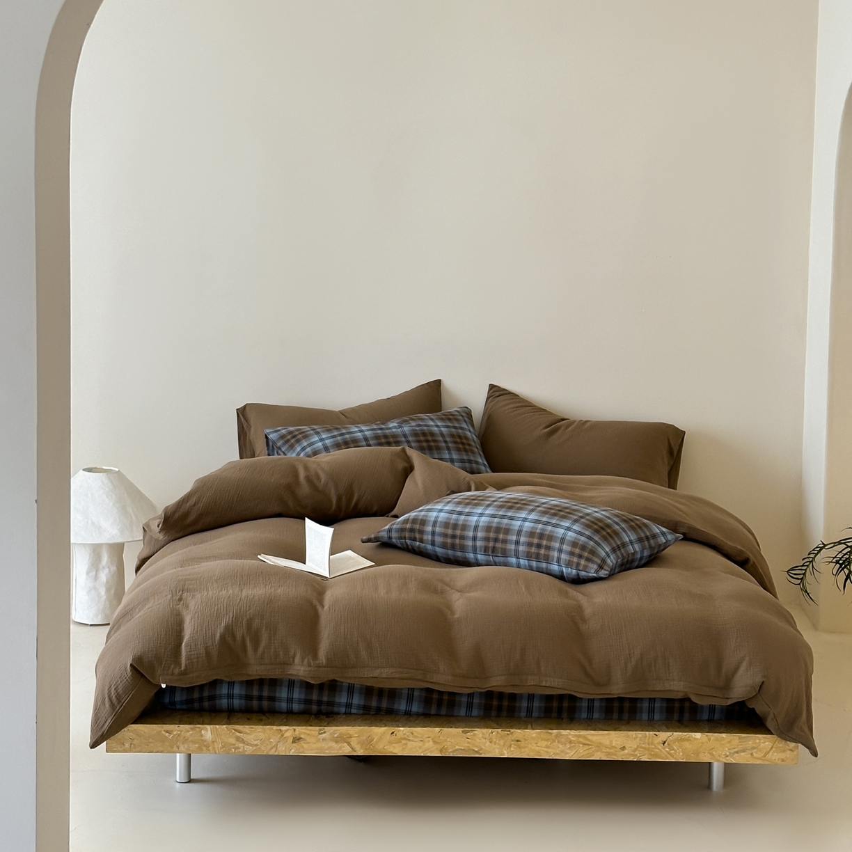 山舍家居 2026新款全棉色织双层皱皱纱色织格子皱纱纯色混搭系列四件套 愈野