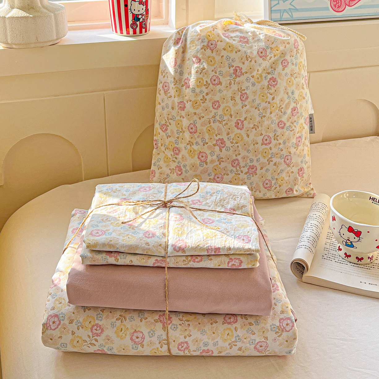 弗苓家纺 2026新款古法水洗仿棉云感纱四件套小布袋 花颜