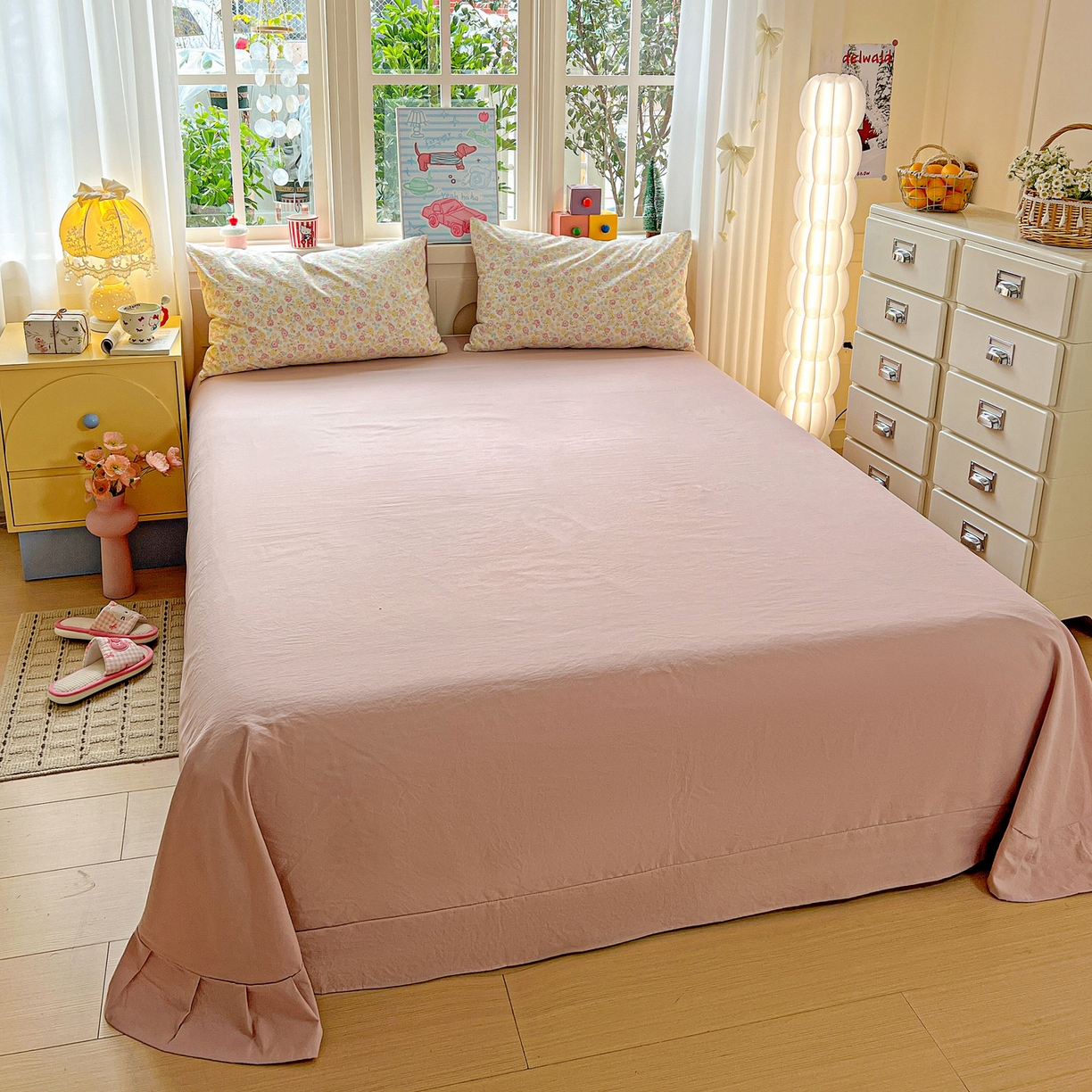 91家纺网 家纺一手货源 找家纺 弗苓家纺 2026新款古法水洗仿棉云感纱四件套小布袋 花颜