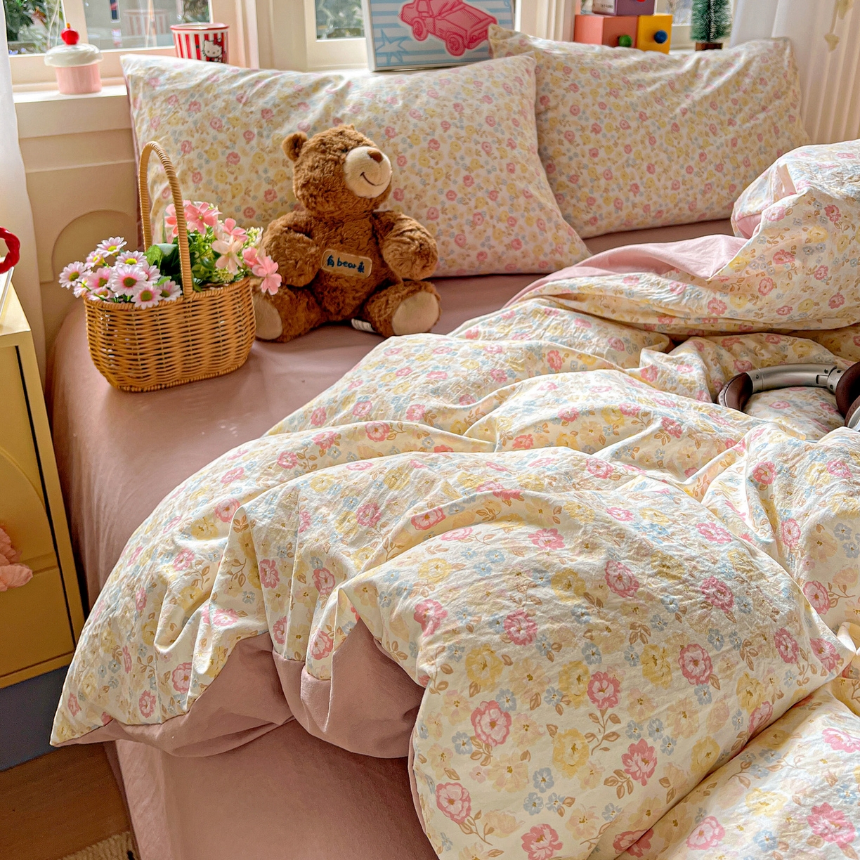 91家纺网 家纺一手货源 找家纺 弗苓家纺 2026新款古法水洗仿棉云感纱四件套小布袋 花颜