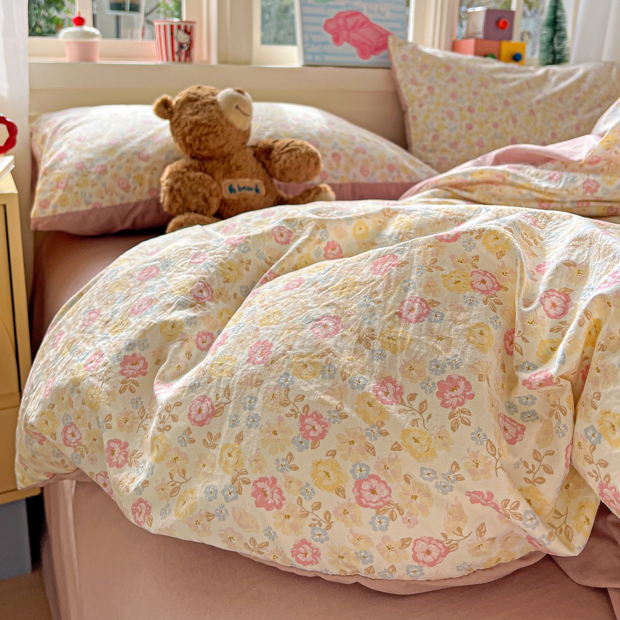 91家纺网 家纺一手货源 找家纺 弗苓家纺 2026新款古法水洗仿棉云感纱四件套小布袋 花颜