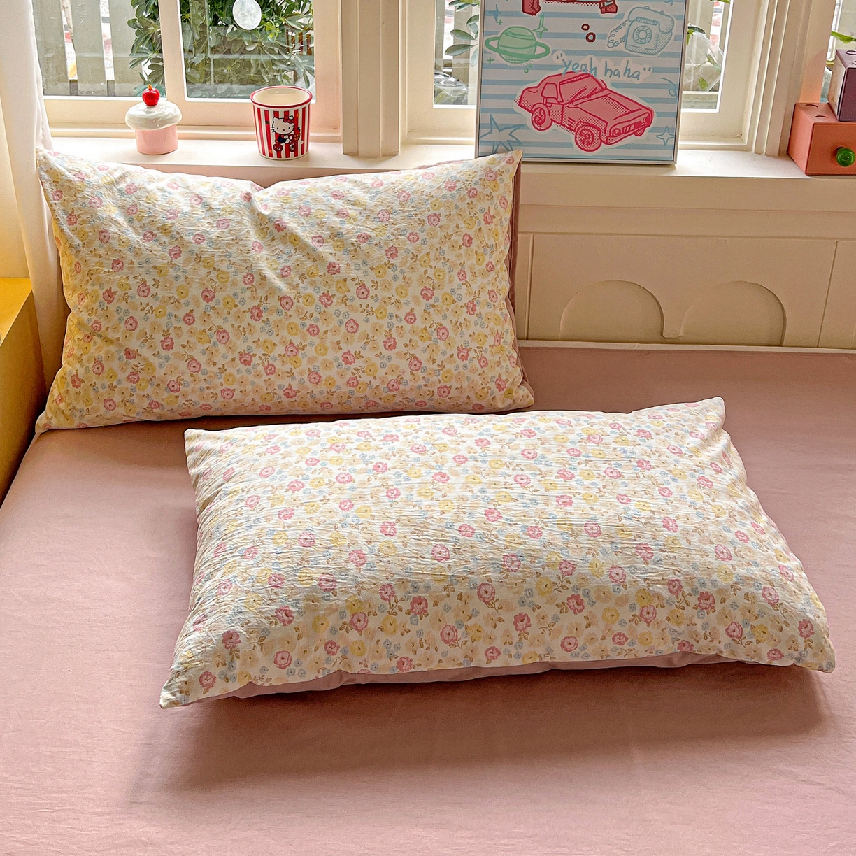 91家纺网 家纺一手货源 找家纺 弗苓家纺 2026新款古法水洗仿棉云感纱四件套小布袋 花颜