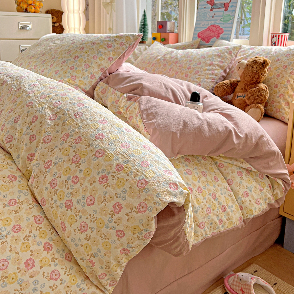 91家纺网 家纺一手货源 找家纺 弗苓家纺 2026新款古法水洗仿棉云感纱四件套小布袋 花颜