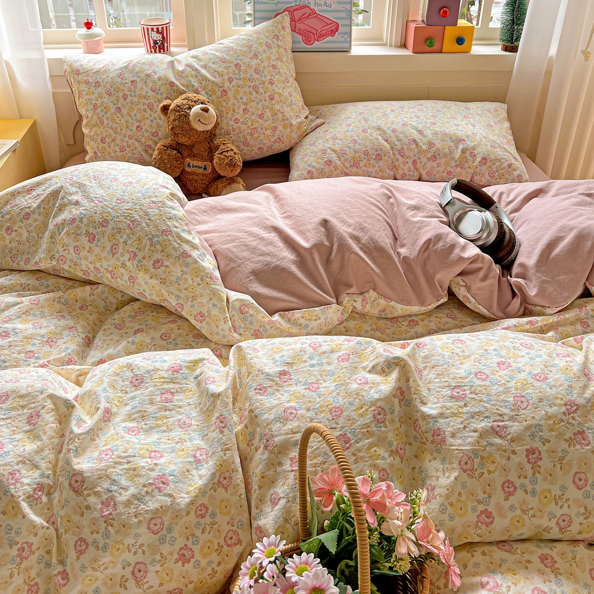 91家纺网 家纺一手货源 找家纺 弗苓家纺 2026新款古法水洗仿棉云感纱四件套小布袋 花颜