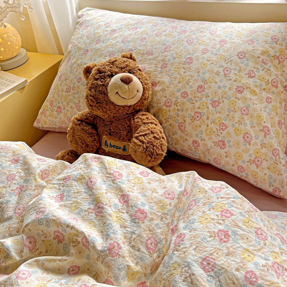 91家纺网 家纺一手货源 找家纺 弗苓家纺 2026新款古法水洗仿棉云感纱四件套小布袋 花颜