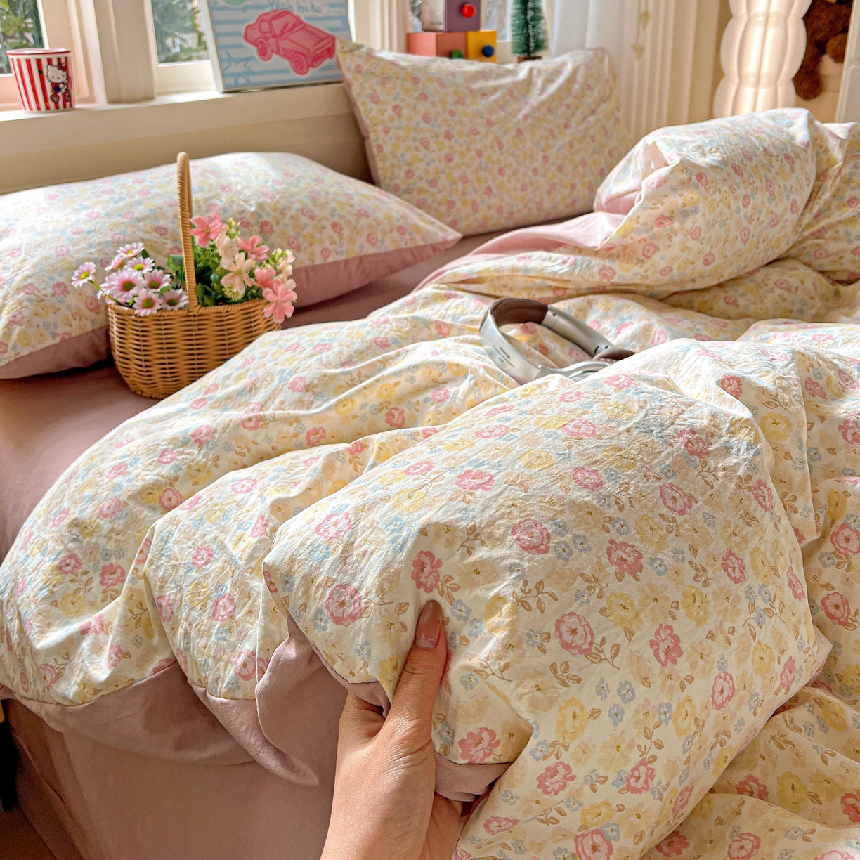 91家纺网 家纺一手货源 找家纺 弗苓家纺 2026新款古法水洗仿棉云感纱四件套小布袋 花颜