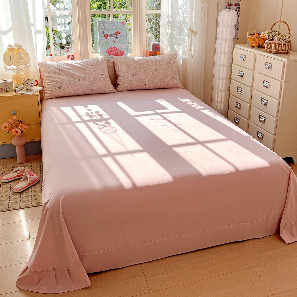 91家纺网 家纺一手货源 找家纺 弗苓家纺 2026新款古法水洗仿棉云感纱四件套小布袋 露思