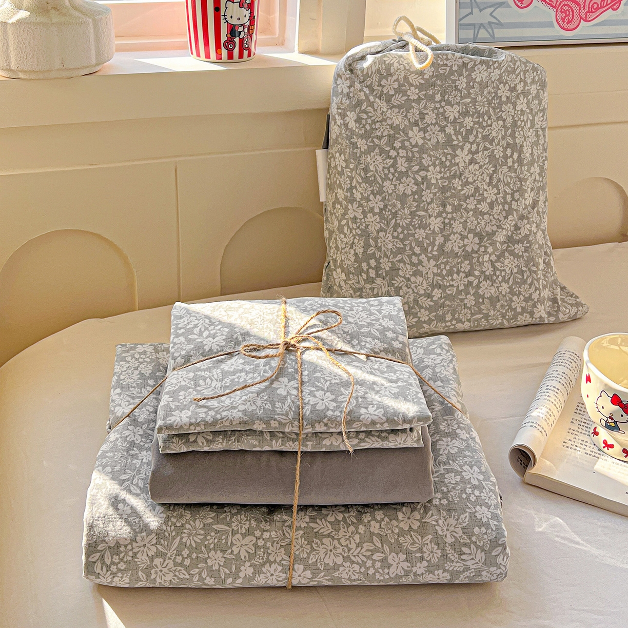 弗苓家纺 2026新款古法水洗仿棉云感纱四件套小布袋 漫野