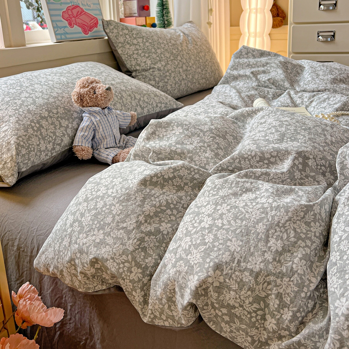 91家纺网 家纺一手货源 找家纺 弗苓家纺 2026新款古法水洗仿棉云感纱四件套小布袋 漫野