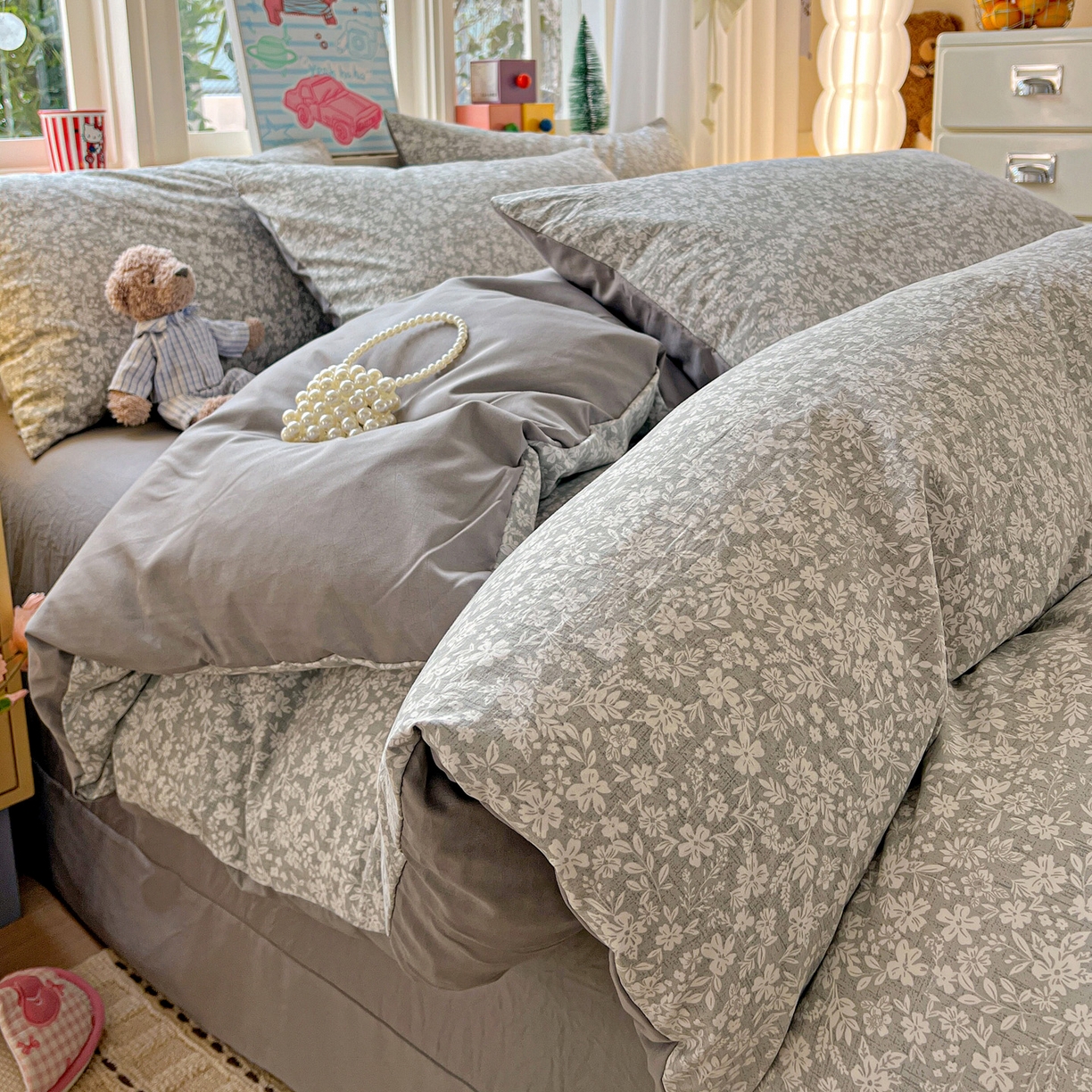 91家纺网 家纺一手货源 找家纺 弗苓家纺 2026新款古法水洗仿棉云感纱四件套小布袋 漫野