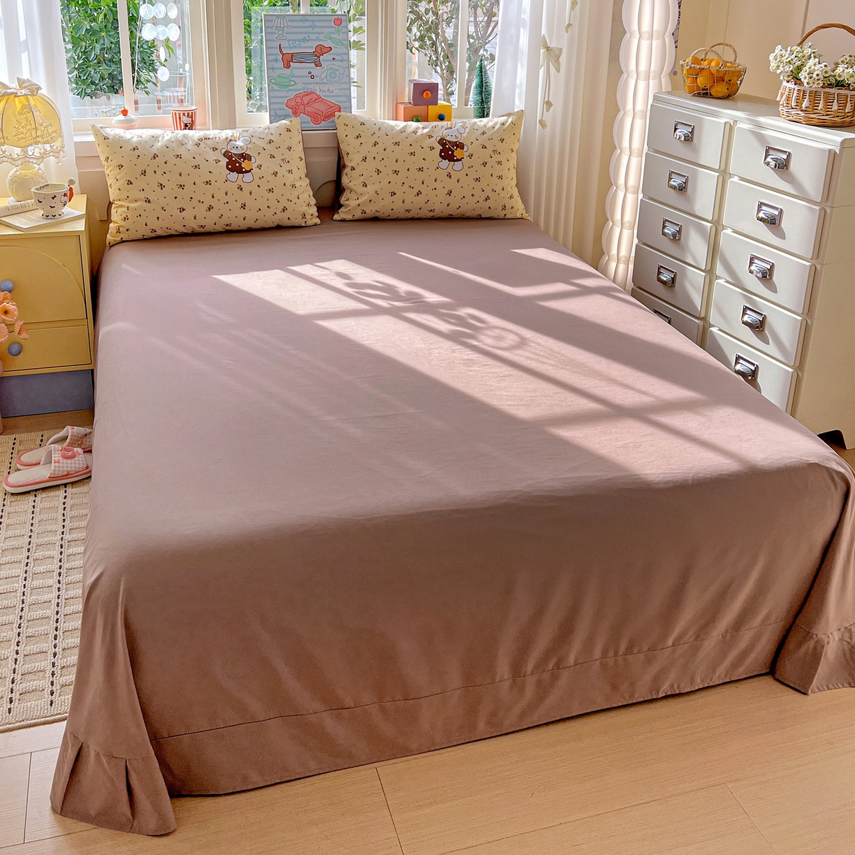 91家纺网 家纺一手货源 找家纺 弗苓家纺 2026新款古法水洗仿棉云感纱四件套小布袋 萌萌兔