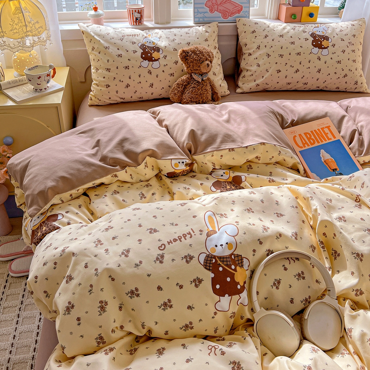 91家纺网 家纺一手货源 找家纺 弗苓家纺 2026新款古法水洗仿棉云感纱四件套小布袋 萌萌兔