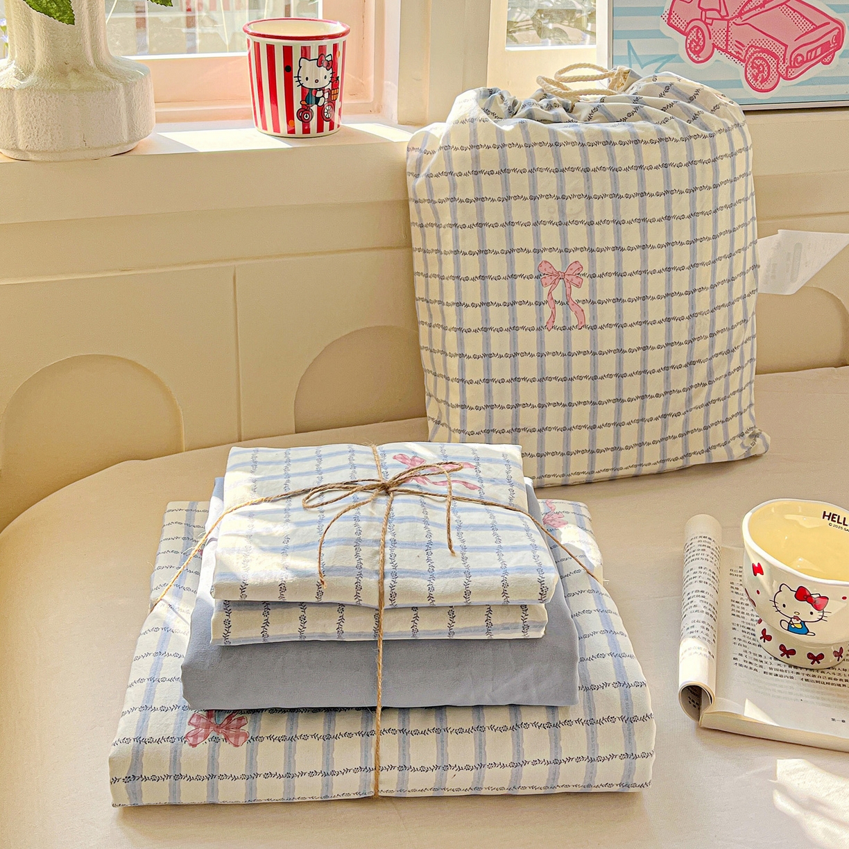 弗苓家纺 2026新款古法水洗仿棉云感纱四件套小布袋 梦幻