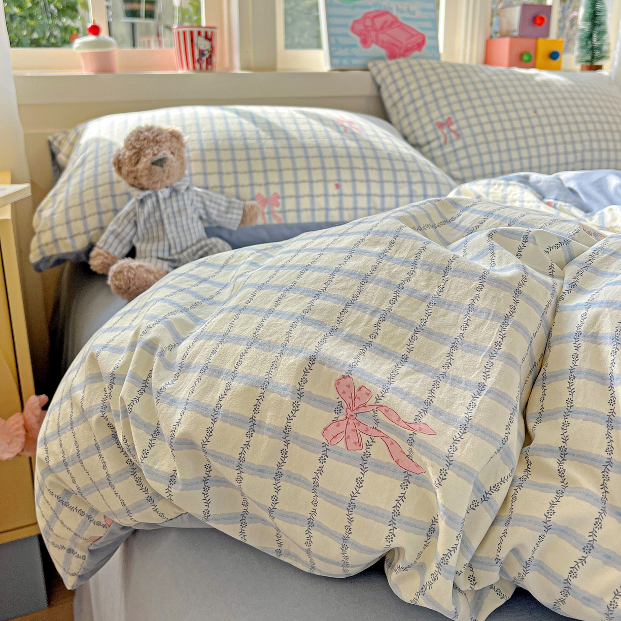 91家纺网 家纺一手货源 找家纺 弗苓家纺 2026新款古法水洗仿棉云感纱四件套小布袋 梦幻