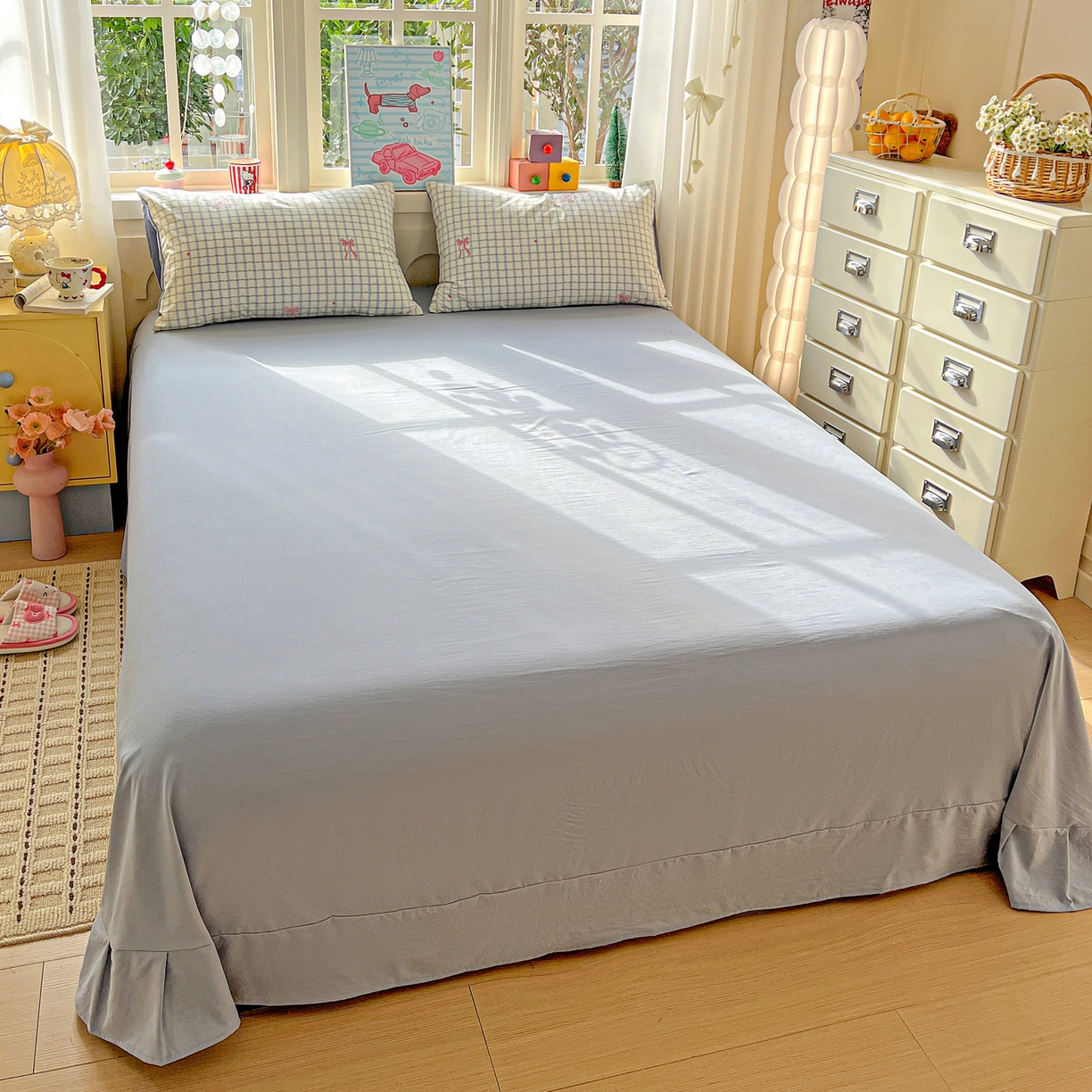 91家纺网 家纺一手货源 找家纺 弗苓家纺 2026新款古法水洗仿棉云感纱四件套小布袋 梦幻