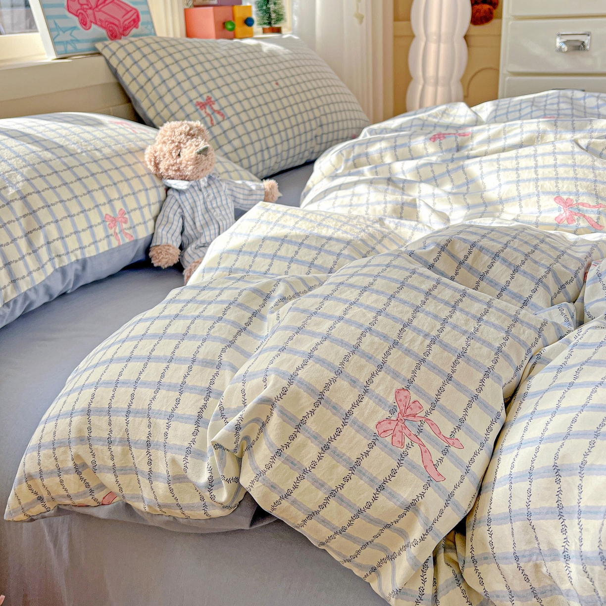 91家纺网 家纺一手货源 找家纺 弗苓家纺 2026新款古法水洗仿棉云感纱四件套小布袋 梦幻