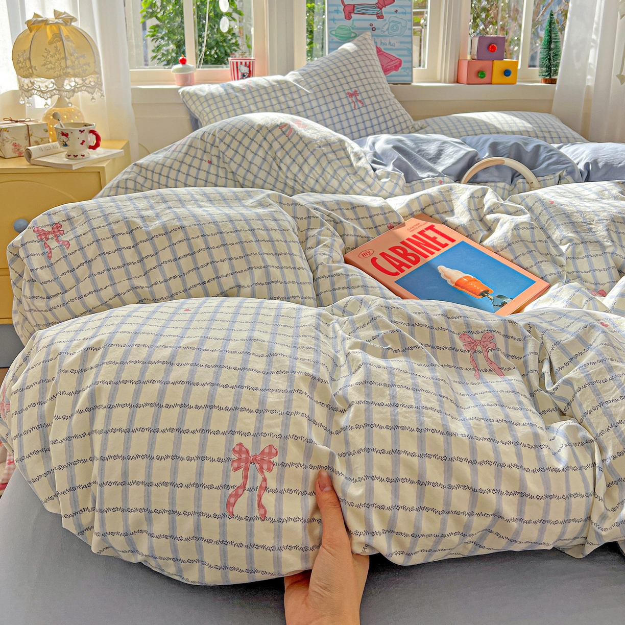 91家纺网 家纺一手货源 找家纺 弗苓家纺 2026新款古法水洗仿棉云感纱四件套小布袋 梦幻