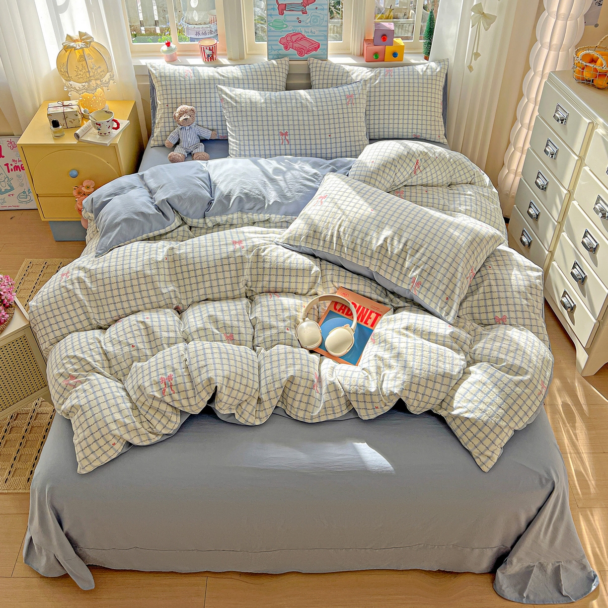 91家纺网 家纺一手货源 找家纺 弗苓家纺 2026新款古法水洗仿棉云感纱四件套小布袋 梦幻