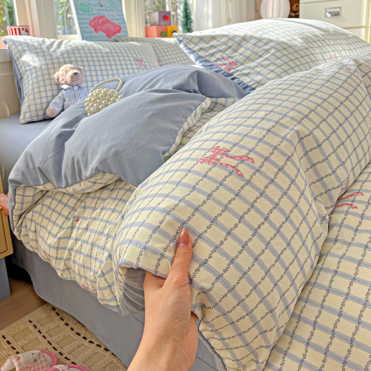 91家纺网 家纺一手货源 找家纺 弗苓家纺 2026新款古法水洗仿棉云感纱四件套小布袋 梦幻