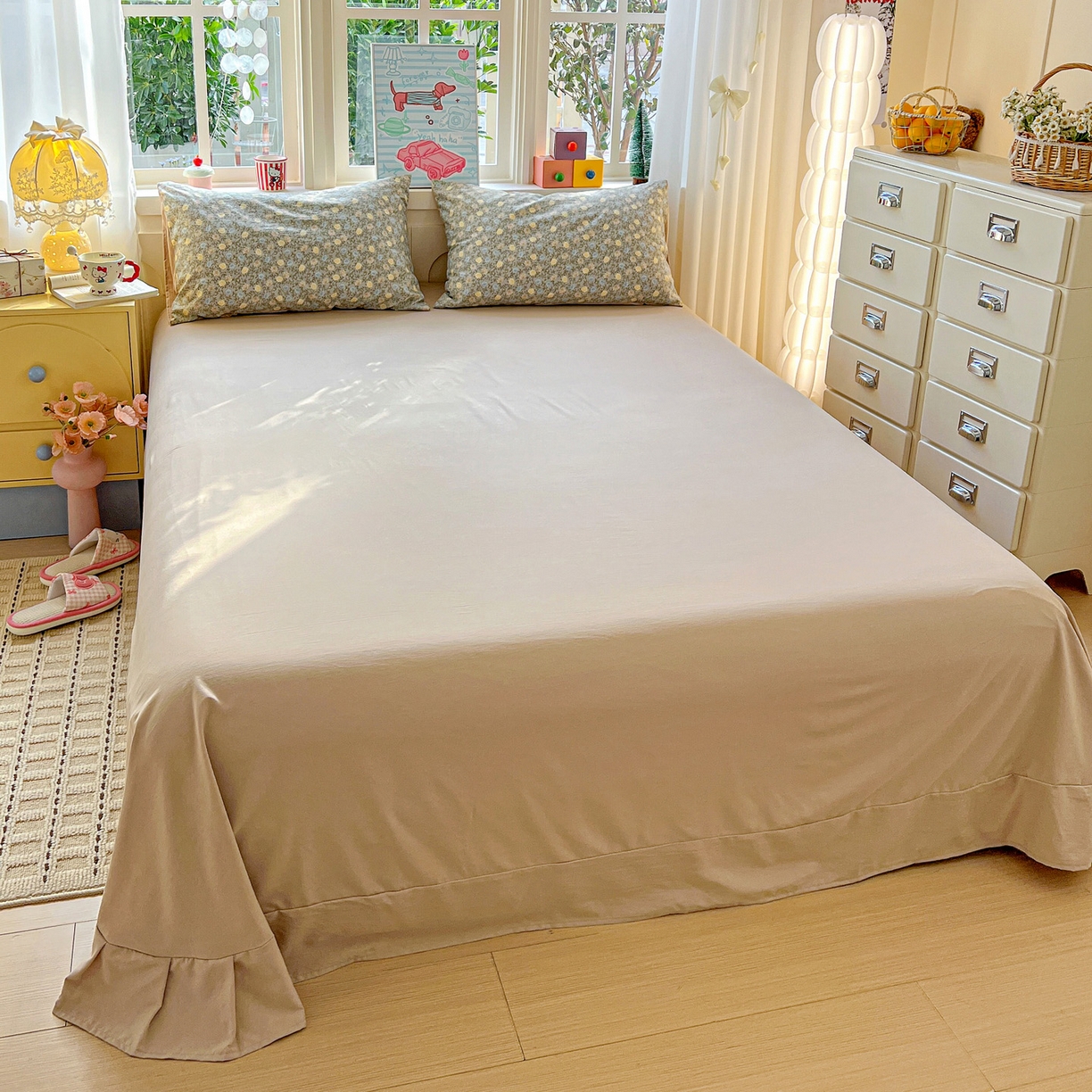 91家纺网 家纺一手货源 找家纺 弗苓家纺 2026新款古法水洗仿棉云感纱四件套小布袋 梦屿