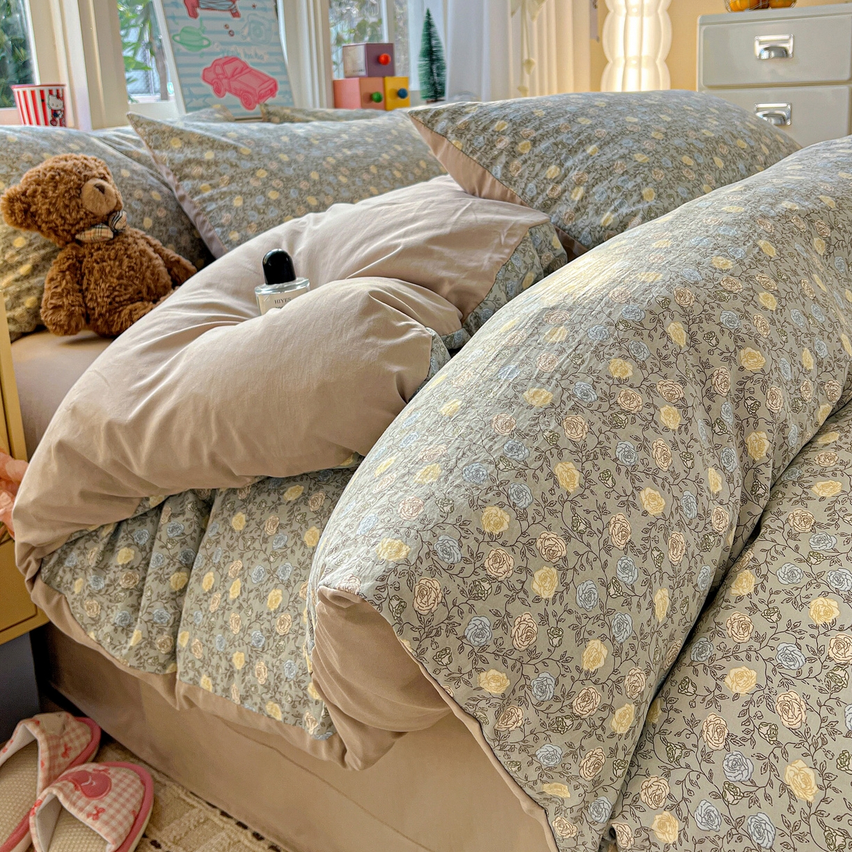 91家纺网 家纺一手货源 找家纺 弗苓家纺 2026新款古法水洗仿棉云感纱四件套小布袋 梦屿