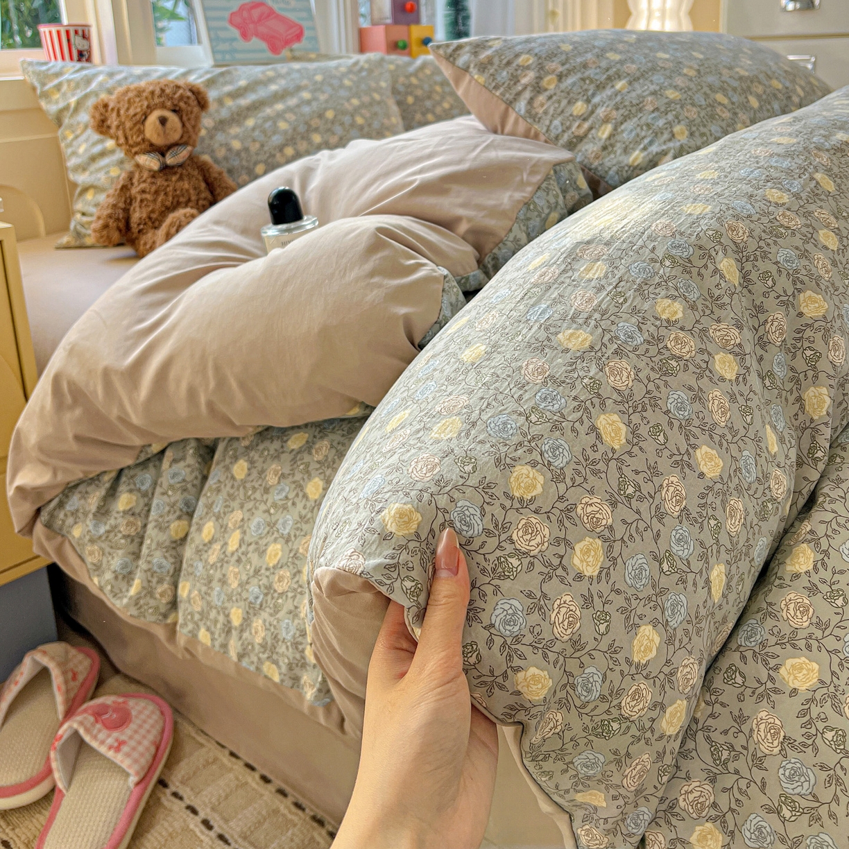 91家纺网 家纺一手货源 找家纺 弗苓家纺 2026新款古法水洗仿棉云感纱四件套小布袋 梦屿