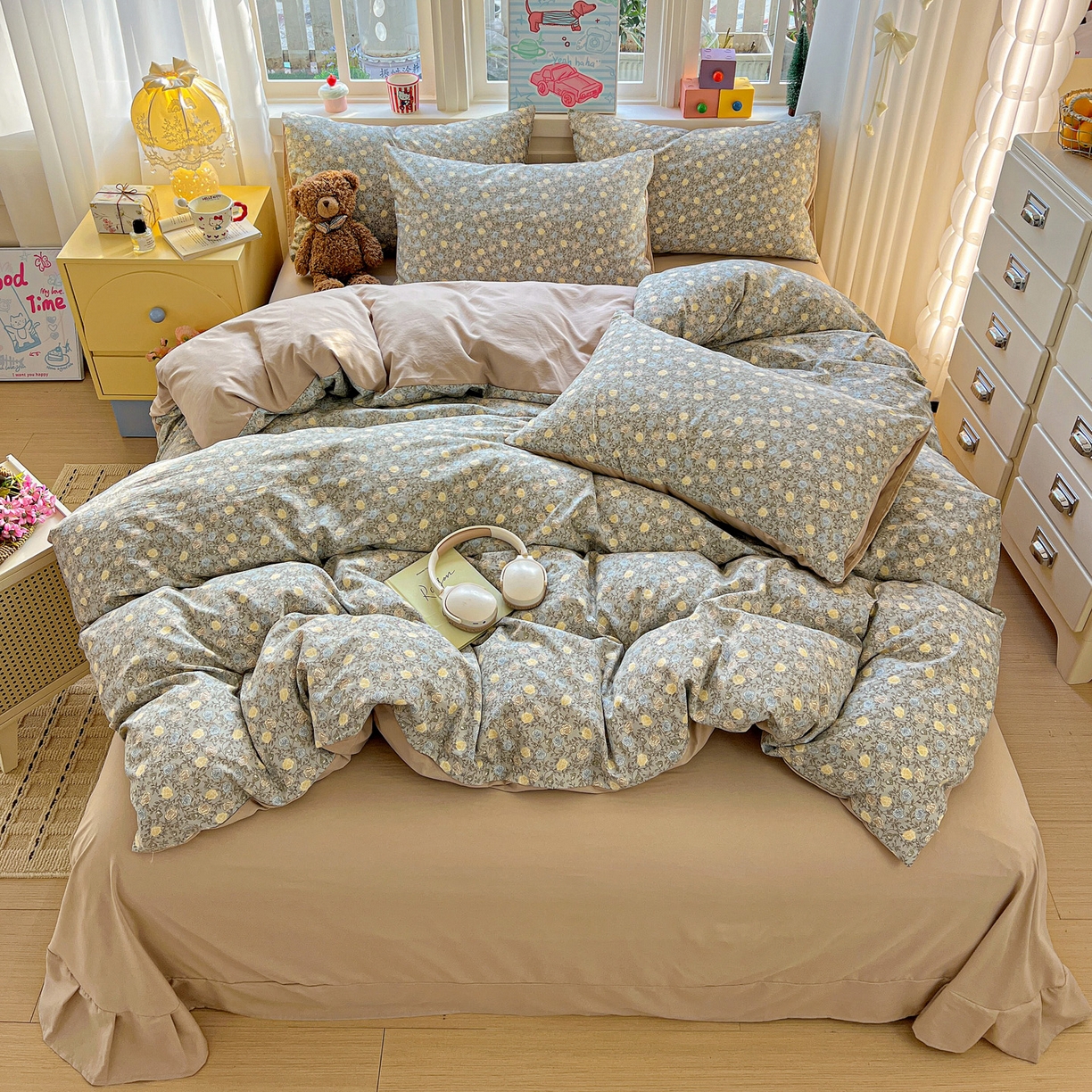 91家纺网 家纺一手货源 找家纺 弗苓家纺 2026新款古法水洗仿棉云感纱四件套小布袋 梦屿