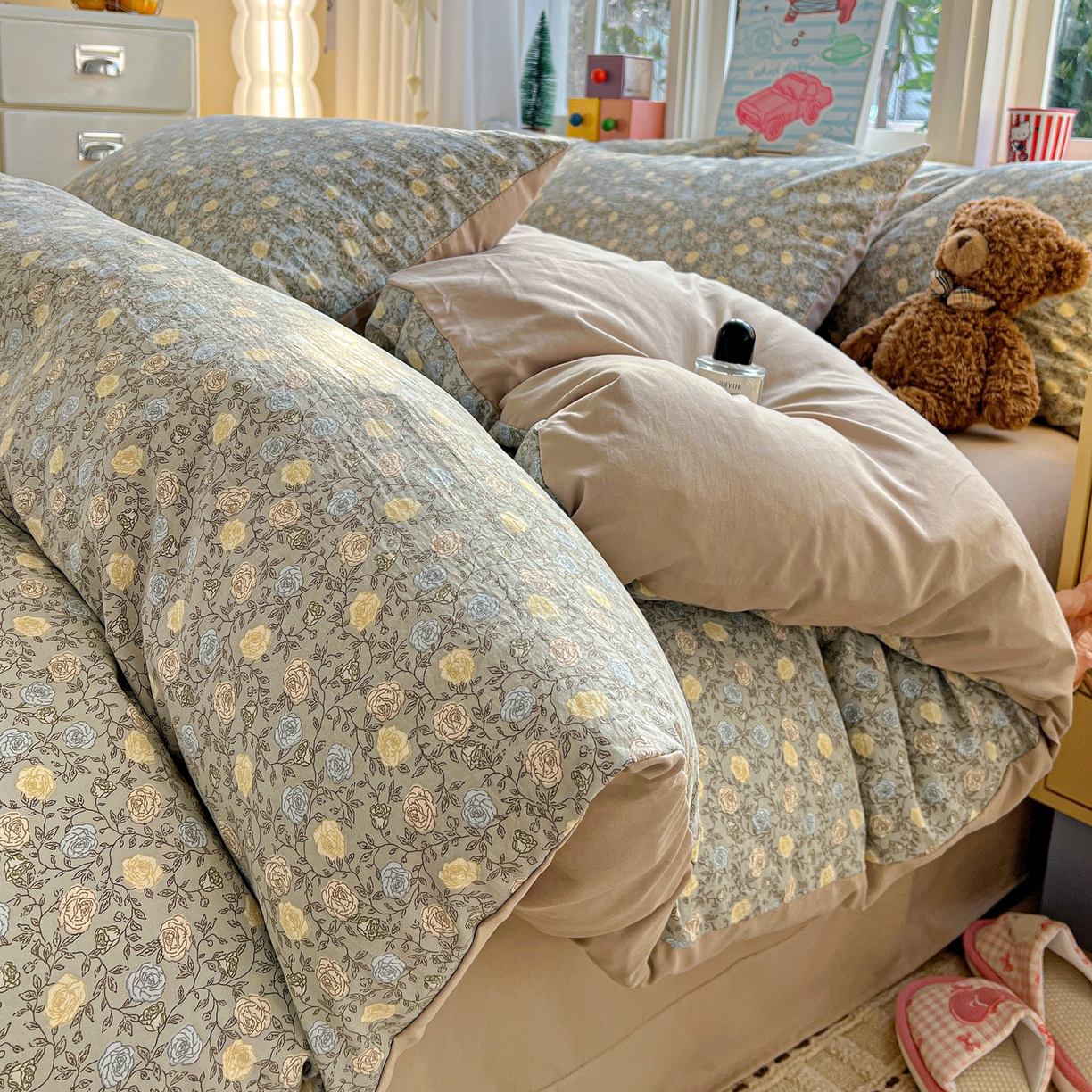 91家纺网 家纺一手货源 找家纺 弗苓家纺 2026新款古法水洗仿棉云感纱四件套小布袋 梦屿