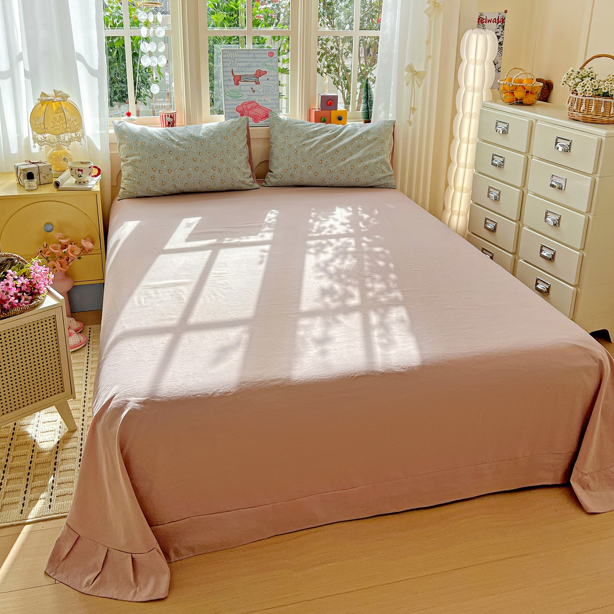 91家纺网 家纺一手货源 找家纺 弗苓家纺 2026新款古法水洗仿棉云感纱四件套小布袋 秘密花园