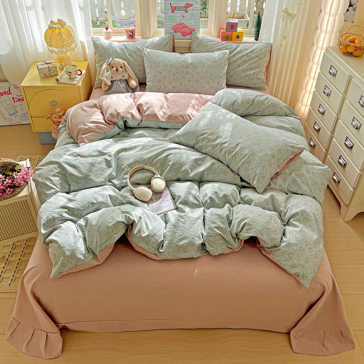 91家纺网 家纺一手货源 找家纺 弗苓家纺 2026新款古法水洗仿棉云感纱四件套小布袋 秘密花园