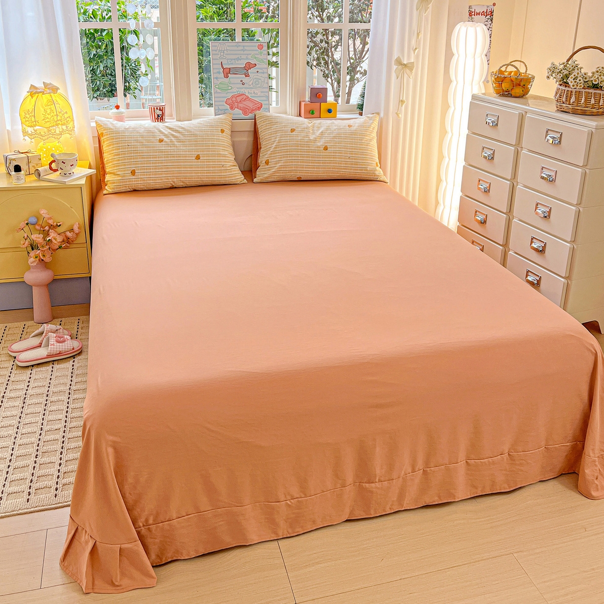 91家纺网 家纺一手货源 找家纺 弗苓家纺 2026新款古法水洗仿棉云感纱四件套小布袋 南瓜派