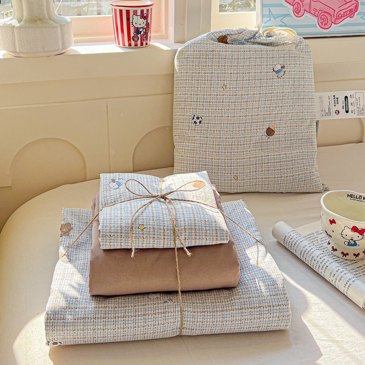 弗苓家纺 2026新款古法水洗仿棉云感纱四件套小布袋 时光里