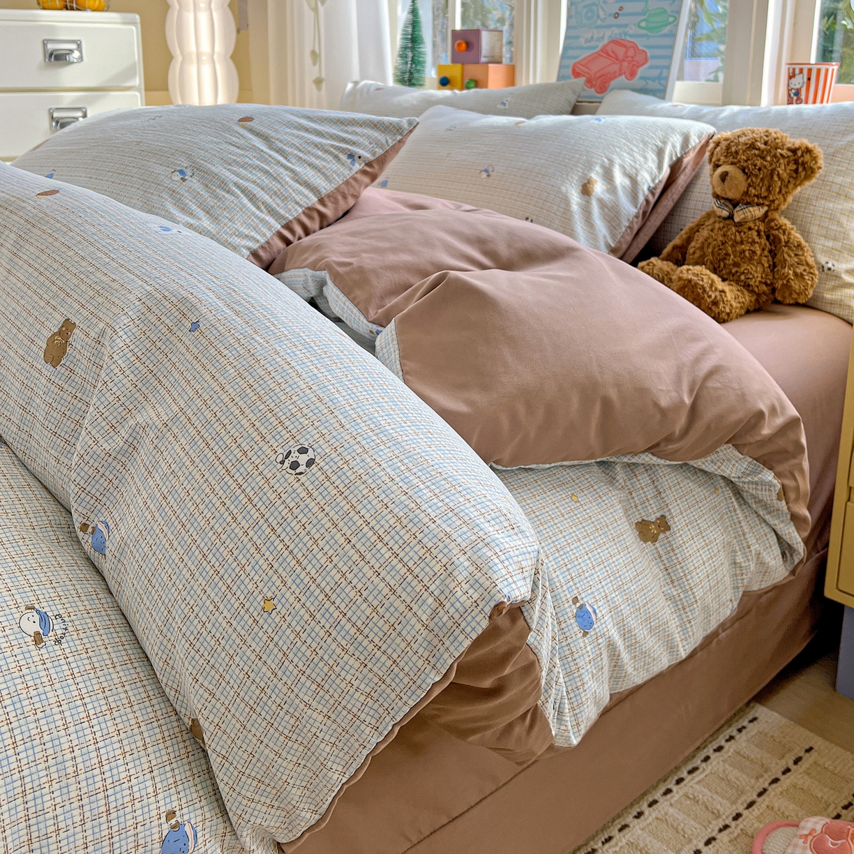 91家纺网 家纺一手货源 找家纺 弗苓家纺 2026新款古法水洗仿棉云感纱四件套小布袋 时光里