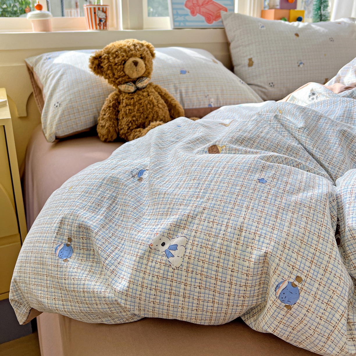 91家纺网 家纺一手货源 找家纺 弗苓家纺 2026新款古法水洗仿棉云感纱四件套小布袋 时光里