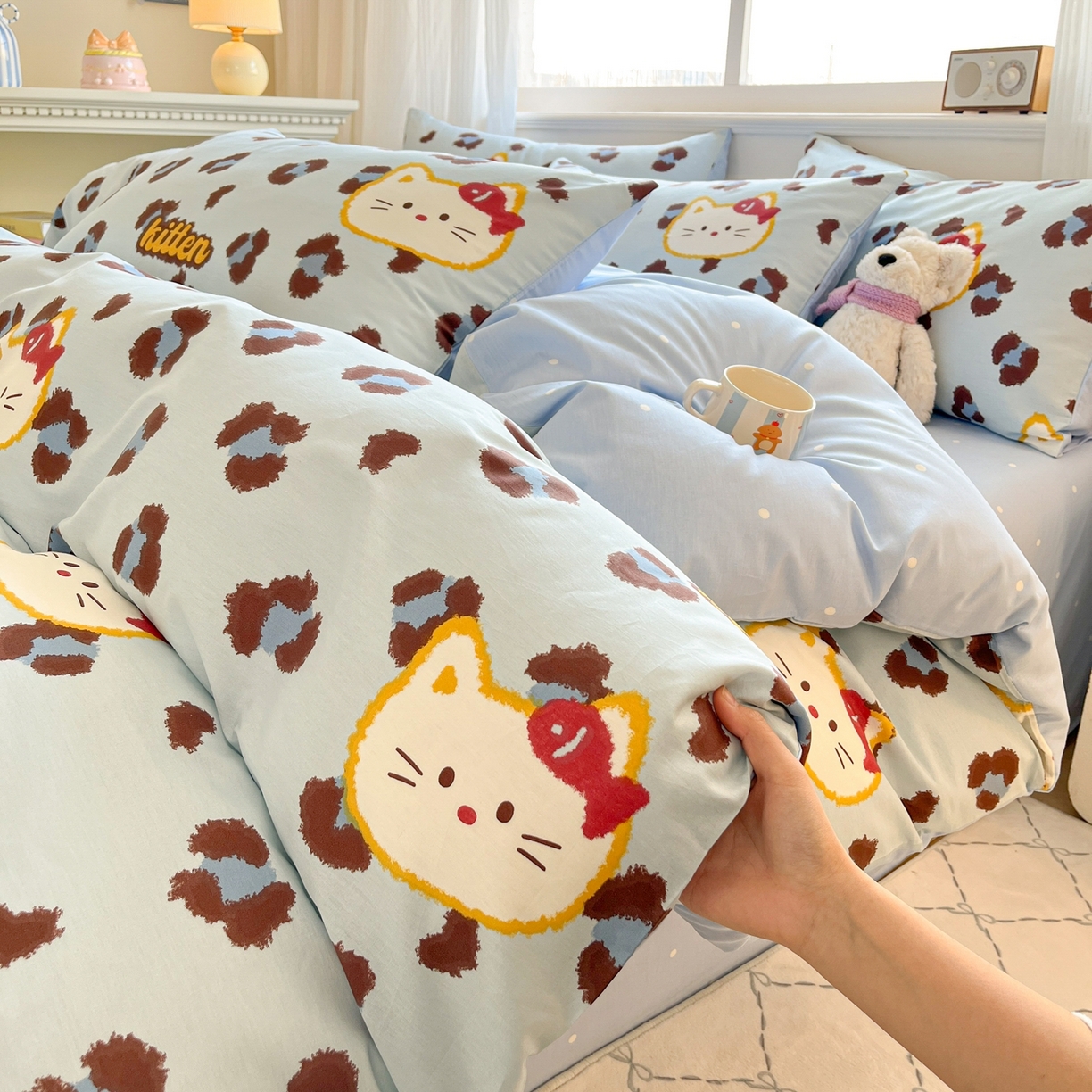 91家纺网 家纺一手货源 找家纺 博雅 2026新款全棉纯棉卡通四件套 豹纹小猫-蓝