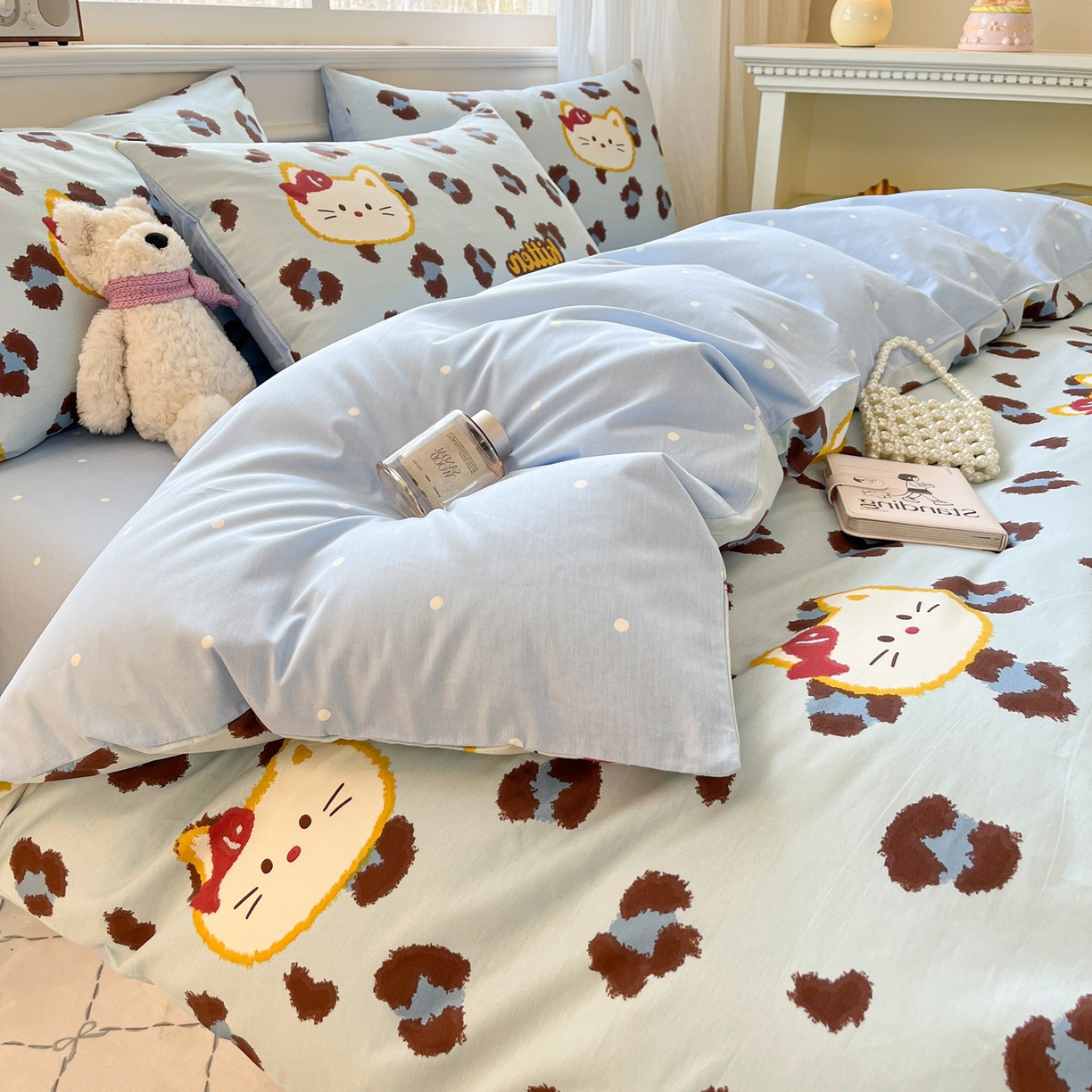 91家纺网 家纺一手货源 找家纺 博雅 2026新款全棉纯棉卡通四件套 豹纹小猫-蓝