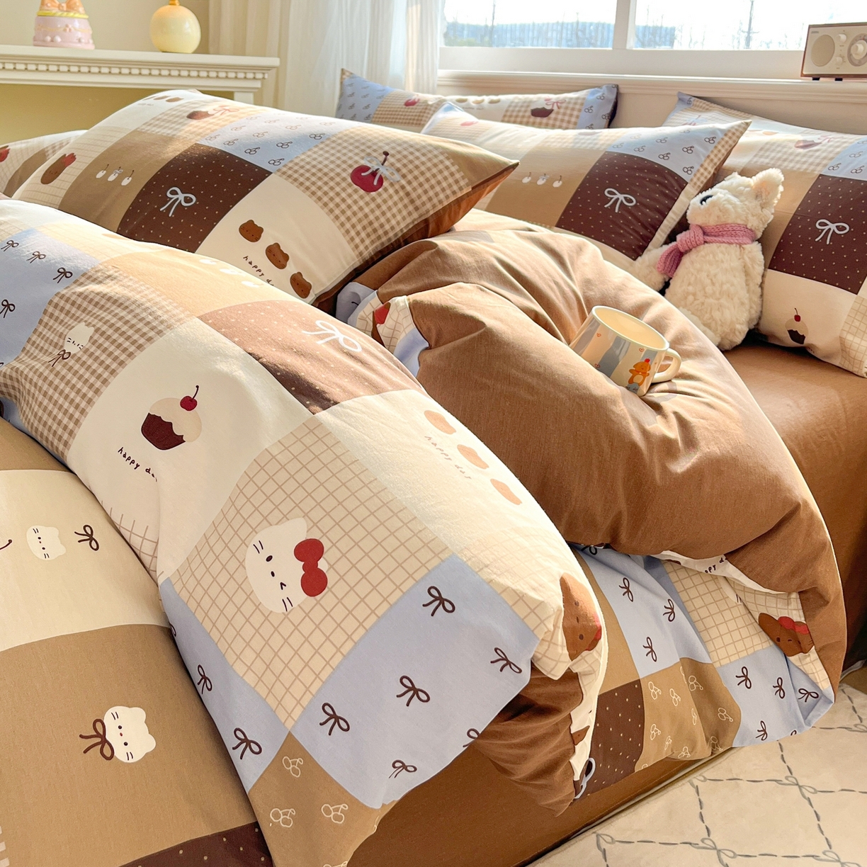 博雅 2026新款全棉纯棉卡通四件套 咖格蛋糕猫